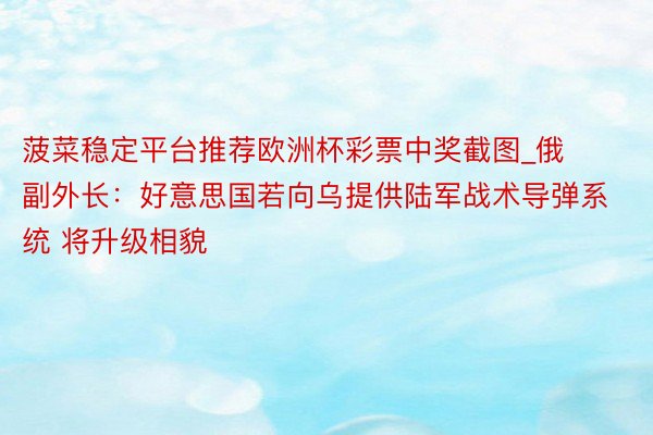 菠菜稳定平台推荐欧洲杯彩票中奖截图_俄副外长：好意思国若向乌提供陆军战术导弹系统 将升级相貌
